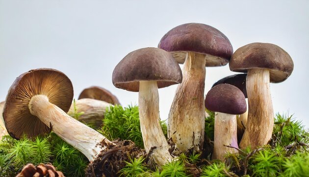 many cortinarius violaceus mushrooms at various angles on white background