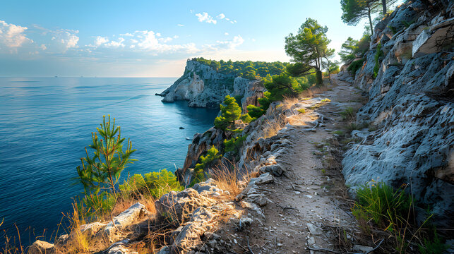 A coastal cliff walk, with panoramic views of the Mediterranean as the background, during a hiking excursion