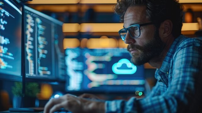 A developer coding on a computer with cloud infrastructure architecture visualized on a monitor, cloud computing concept. Generative AI.