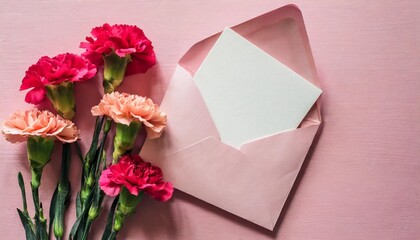 blank card in pink envelope with carnations on pink background