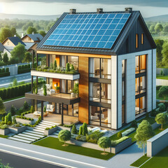 solar panels on a house  house, home, building, architecture, roof, solar, residential, estate, construction, exterior, energy, new, window, apartment, 3d, panel, door, sky, power, design, Ai generate