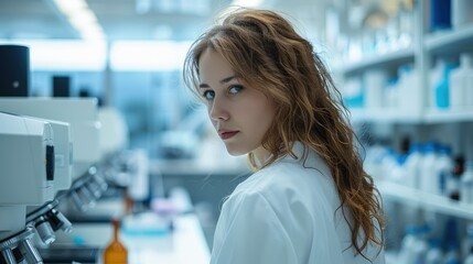 Woman in a medical lab of a pharma company. Generative AI.