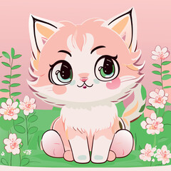 a beautiful cat,forest, lush vegetation, no free license, i want the designs to be special to me, please dont show them to others, vector illustration kawaii