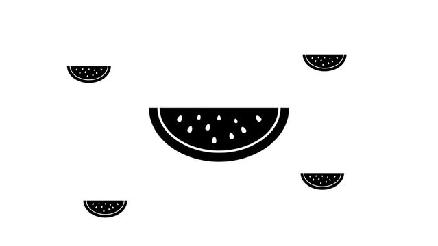 Zoom in and out animation the watermelon piece symbol. Large black symbol in the center and four small symbols around. Seamless looped 4k animation on white background