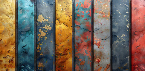 Abstract colorful paint splatters and textures on wooden panels for backgrounds or creative designs.