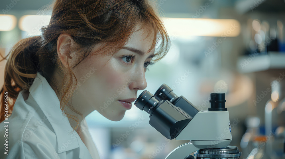 Aufkleber woman scientist looking at microscope working in clinical laboratory. generative ai.