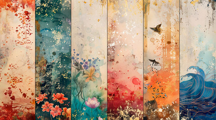 A collection of watercolor backgrounds with floral elements and abstract designs.