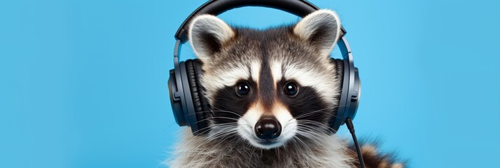Raccoon dj in headphones with copy space on blue background for music events and parties