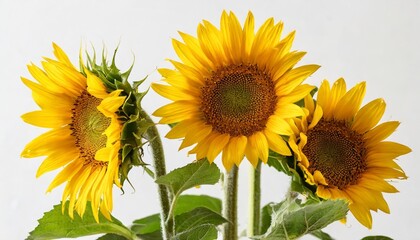 few stems with half opened sunflower flowers on white background