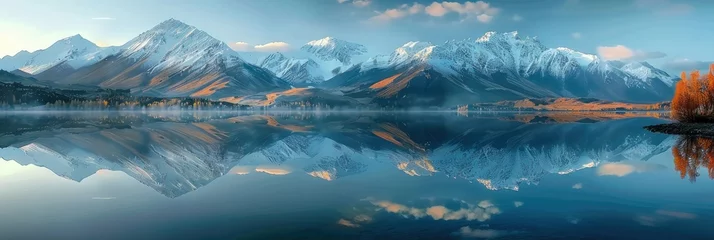 Foto op Plexiglas Reflectie A serene mountain landscape under the golden light of dawn, A crystal-clear lake reflects the mountains perfectly. Generative AI.