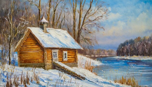 winter landscape with a wooden small house by the river oil painting landscape