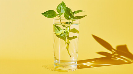 A plant in a glass of water on a yellow background.