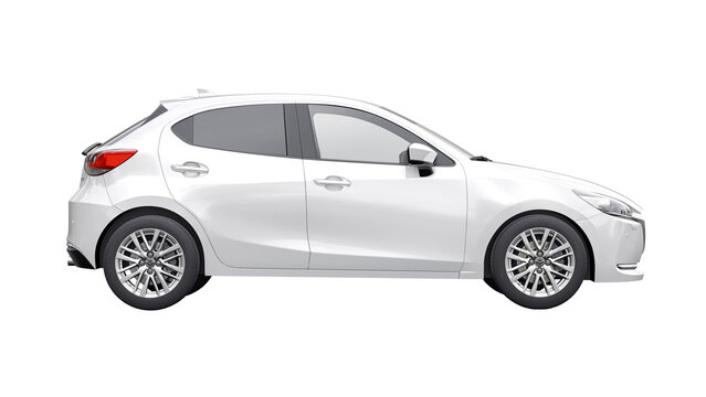 Madrid. Spain. February 28, 2024. Mazda 2 2021 white compact city car on a white background. 3d illustration.