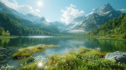 Sunshine with mountain and lake, grassland, forest. Generative AI.