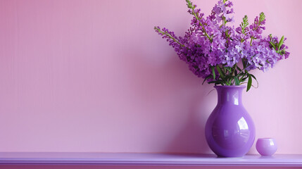 A purple vase and a purple vase on a shelf 
