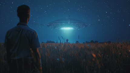 Man in a field looks at a landed UFO at night, with an alien emerging. Cinematic, 4K, backlit, and realistic.