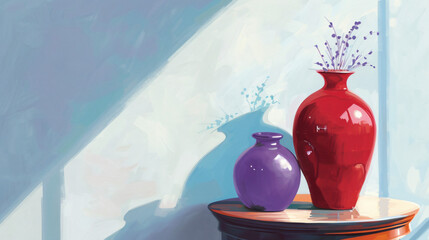 A red vase sitting on top of a table next to a purple
