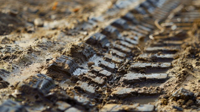 Bicycle tire tracks in mud, red dirt road outback close-up photography - Powered by Adobe