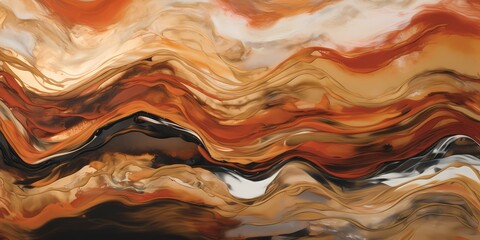 Waves of russet and cocoa cascade in graceful arcs, capturing the mesmerizing allure of molten copper and molasses hues mingling in an abstract, dreamlike landscape. - obrazy, fototapety, plakaty