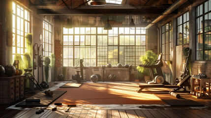 A room with a lot of windows and a gym equipment. - obrazy, fototapety, plakaty
