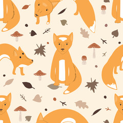 Cute foxes, mushrooms and autumn leaves doodle seamless pattern. Fall nursery forest vector background