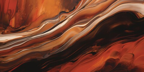 Waves of russet and cocoa cascade in graceful arcs, capturing the mesmerizing allure of molten copper and molasses hues mingling in an abstract, dreamlike landscape. - obrazy, fototapety, plakaty