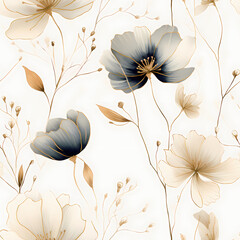 Watercolor flowers seamless pattern. Beautiful delicate background with golden lines.