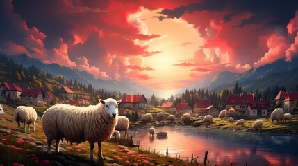 A tranquil alpine meadow with grazing sheep 
 - obrazy, fototapety, plakaty