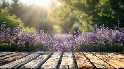 Wooden wood table with lavender flower garden background. Generative AI.
