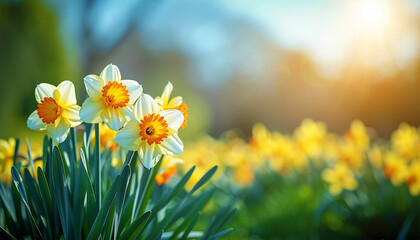 Daffodil field colorful spring flowers with sunlight shining. Daffodils, Narcissus, yellow Daffodil...