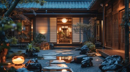 A Japanese home with a large stone courtyard and a small pond. The courtyard is lit by lanterns and the house is surrounded by trees. Generative AI.