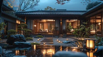 A Japanese home with a large stone courtyard and a small pond. The courtyard is lit by lanterns and the house is surrounded by trees. Generative AI.