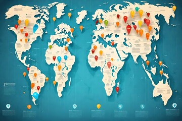 infographic vector world map with multiple locations. world map with color pointers and text world map with multiple locations. world map with color pointers and text. Simple World map infographic com