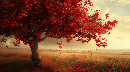 A tree filled with lots of red fruit next to a fiel