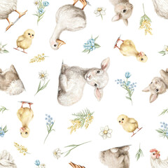 Seamless pattern with vintage rabbits, goose, lamb, chicken, gosling animals and flowers set isolated on white background. Watercolor hand drawn illustration sketch