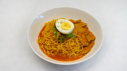 Korean instant noodles with fish cake and boiled egg - Rabokki korean food