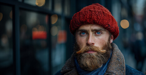 A man with a beard and a red hat. He has a blue eyes. He is looking at the camera. the man with a long beard is wearing a red cap, in the style of light indigo and brown. Dark background. - obrazy, fototapety, plakaty