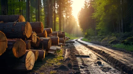 Zelfklevend Fotobehang Forest pine and spruce trees. Log trunks pile, the logging timber wood industry. Wide banner or panorama wooden trunks. © PaulShlykov