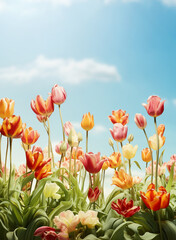Beautiful tulips flower plant at blue sky background with sunlight. Springtime nature. Outdoor