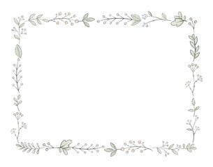 Rectangle frame with varied simple small leaves and berries isolated on white background. Watercolor hand drawn illustration