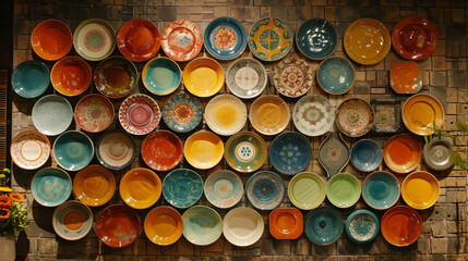 A wall of colorful plates on display on a wall of t