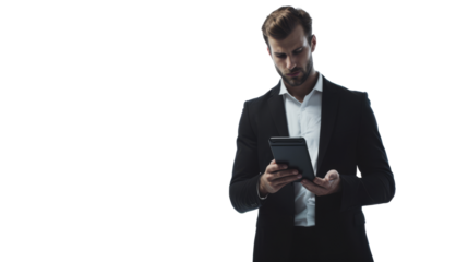 Businessman Using Tablet on Dark Background, A focused businessman in a sleek suit interacts with a digital tablet, isolated on a dark background, embodying modern corporate life.