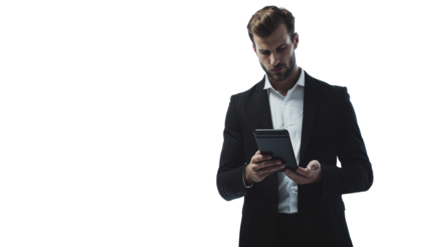 Businessman Using Tablet on Dark Background, A focused businessman in a sleek suit interacts with a digital tablet, isolated on a dark background, embodying modern corporate life.