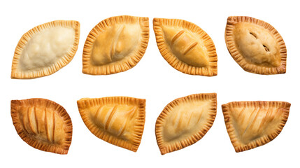 Homemade Latin American Empanadas Collection on transparent background– Delicious Traditional Argentine Cuisine Set, Plate of Golden Brown Meat Stuffed Pastries. - obrazy, fototapety, plakaty