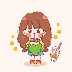 The adorable girl is sipping coconut water from a coconut. Coconut shop logo, coconut water, fresh coconut, hand drawn cartoon illustration