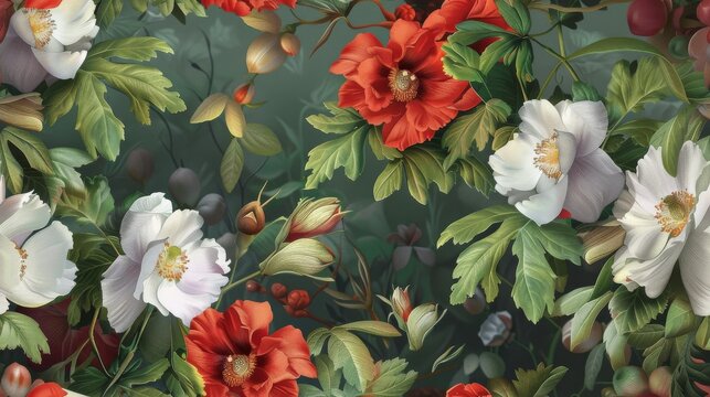 Fashion oil painting Red hibiscus flower on a dark green background, pastel flowers, peonies, roses, echeveria succulent, white hydrangea, ranunculus, anemone, and eucalyptus, design wedding bouquets.