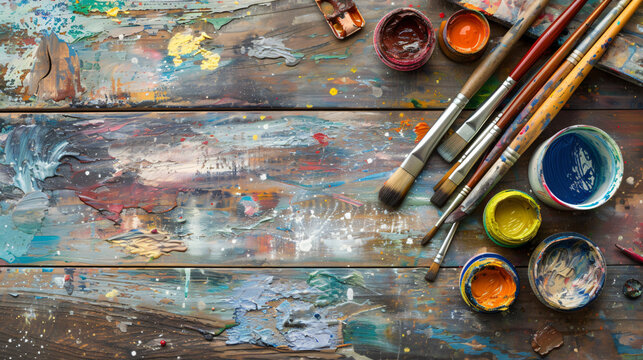 A wooden table topped with art supplies and a paint