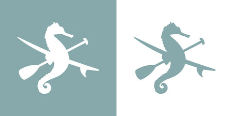 Logo club de paddle surf. Silueta de caballo de mar sobre tabla de paddle surf con remo cruzado - obrazy, fototapety, plakaty