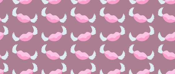 Pink lips and wings. Seamless horizontal vector pattern. Repeating romantic ornament. Isolated pink background. Flat style. Pink lipstick. Air kiss. Seductive mouth. Cute print. Idea for web design.