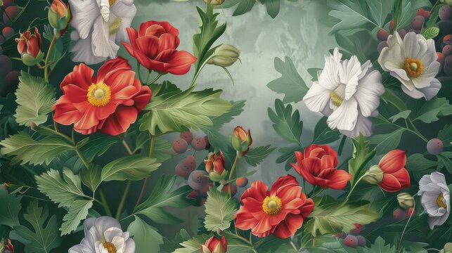 Fashion oil painting Red hibiscus flower on a dark green background, pastel flowers, peonies, roses, echeveria succulent, white hydrangea, ranunculus, anemone, and eucalyptus, design wedding bouquets.